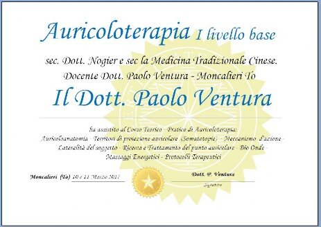 Auricoloterapia: Attestato di Partecipazione ai Corsi del Dott. Ventura