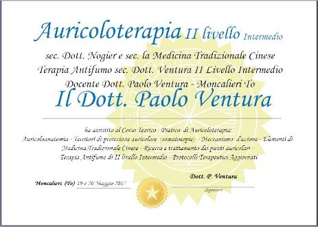 Auricoloterapia: Attestato di Partecipazione ai Corsi del Dott. Ventura